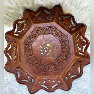 BOHO Indian carved inlay teak wood trey-Loving Coastal Living hand carved 1940.